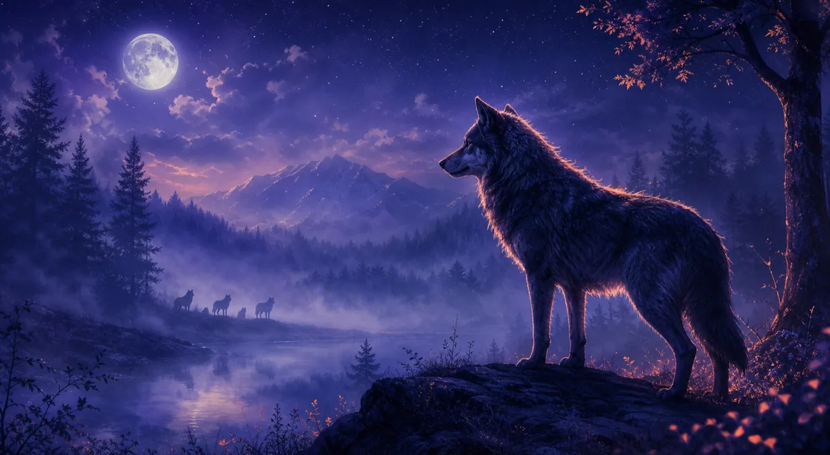 Dreamlike wolf under moonlight, symbol of instinct and inner protection